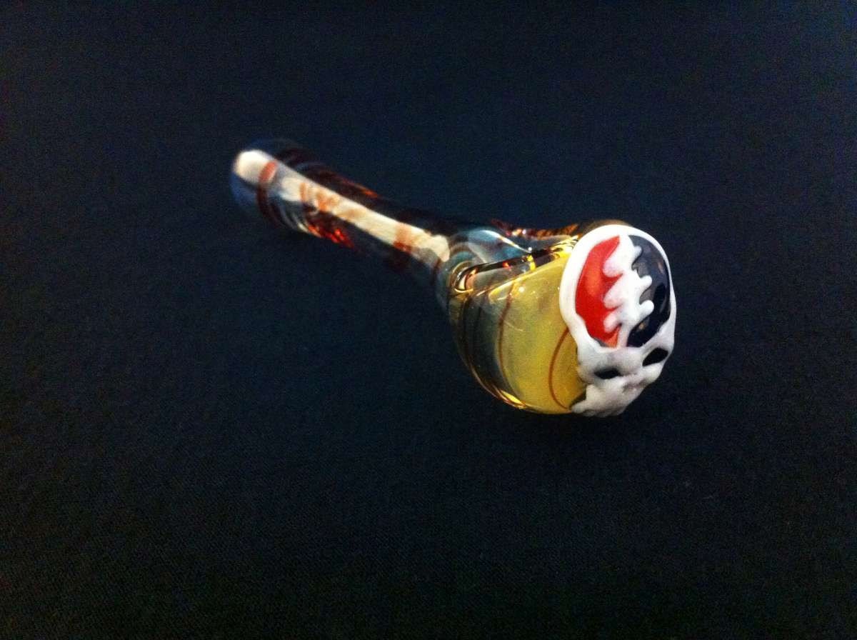 Apprentice Glass Red Color Wrap and Drawn Stealie Color Changing Tobacco Spoon Pipe