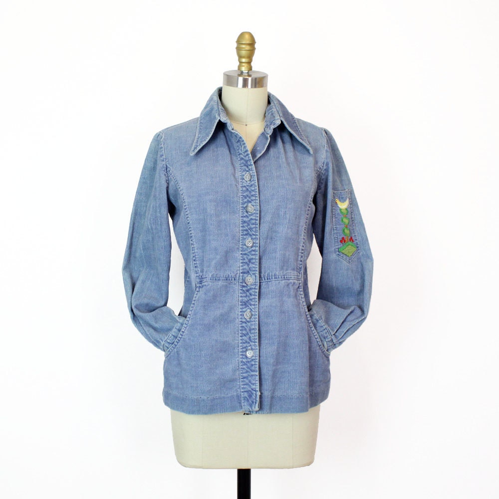 corduroy shirt M / vintage Ellen Tracy blue embroidered buttondown shirt
