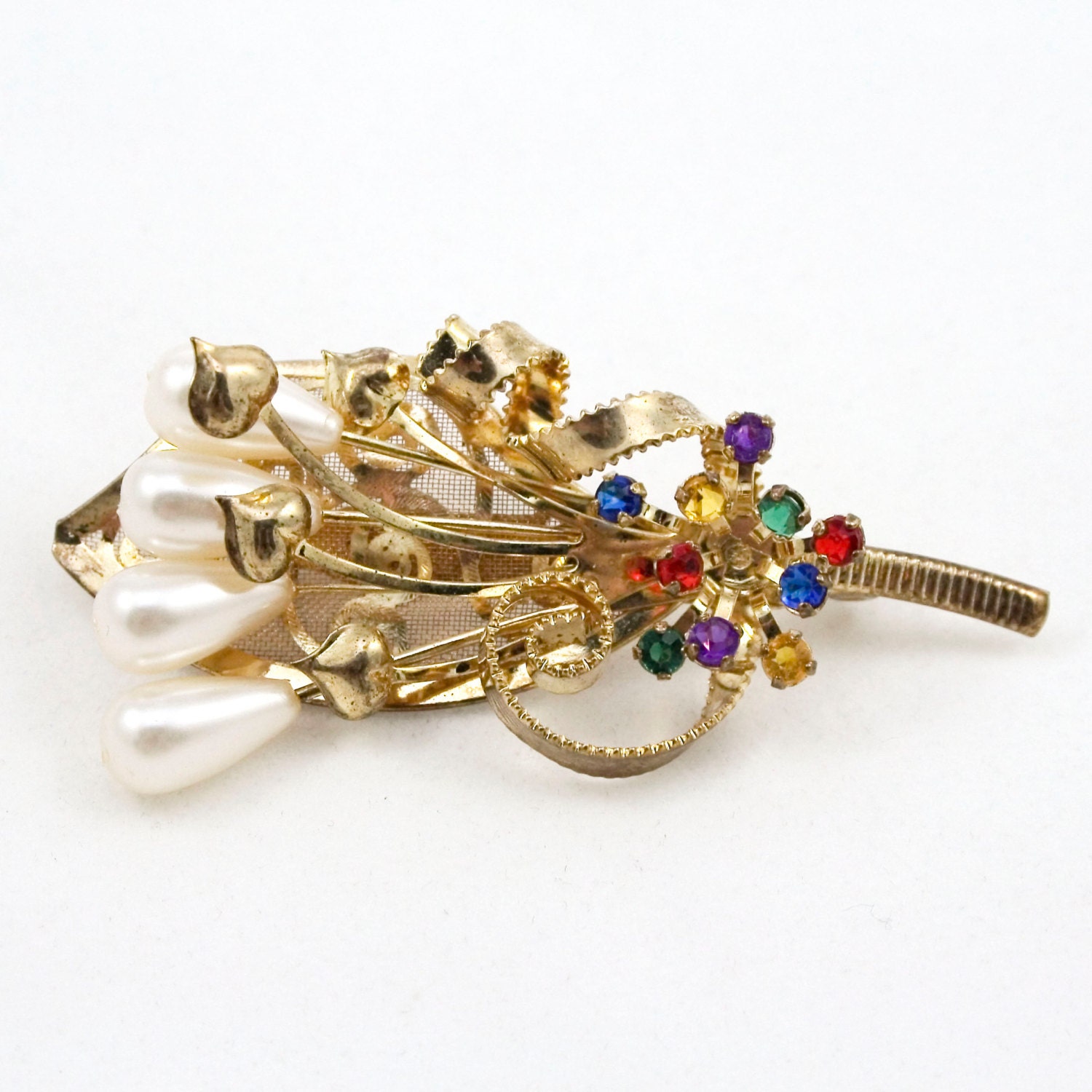 Vintage Rhinestone and Faux Pearl Brooch - Designer Signed OK