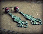 Linger ... earrings verdigris brass filigree indie ruby siam red faceted gypsy boho chic steampunk victorian