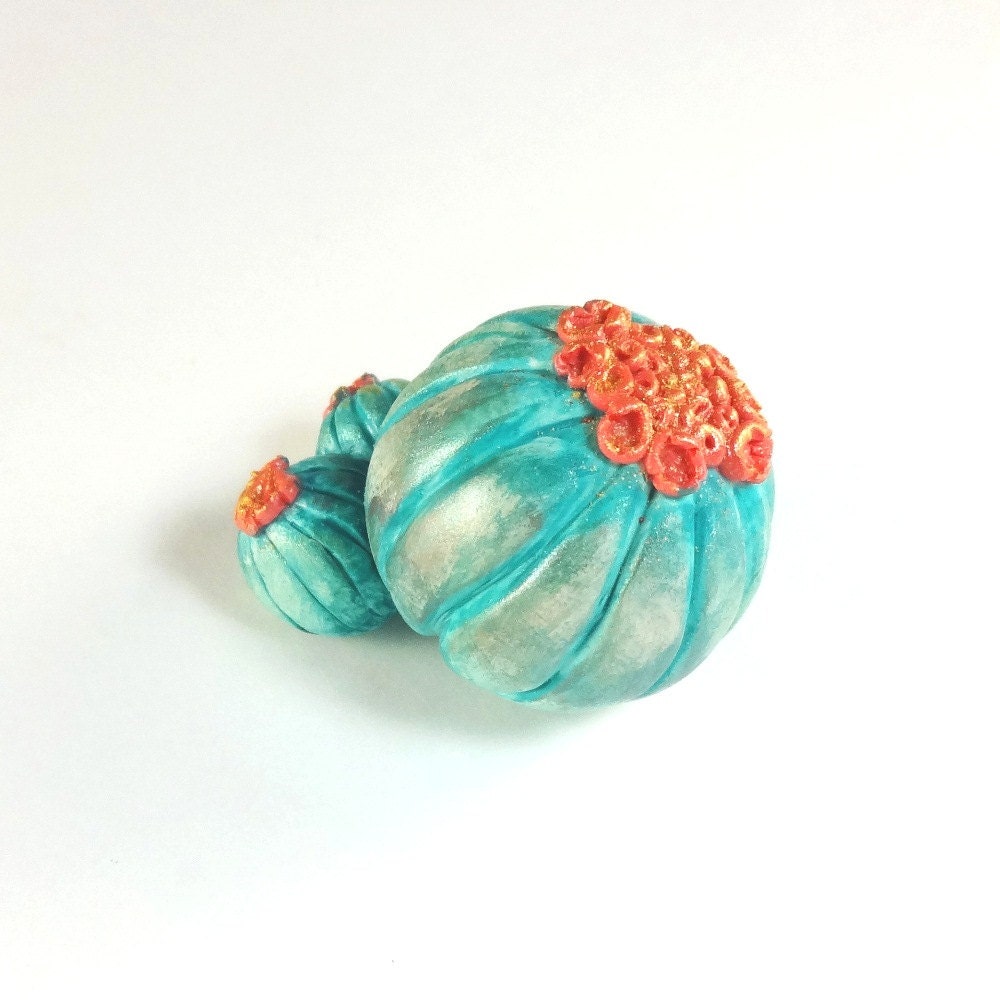 Barrel Cactus in Bloom Sculpture Aqua Shimmer Coral