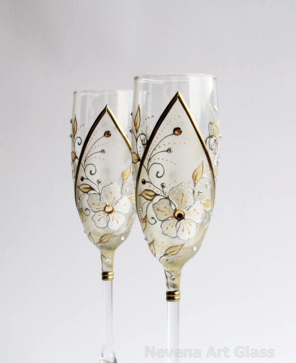 CUSTOM ORDER for McKenzie Wedding Toasting Champagne Glasses Perl White Flowers Gold Swarovski light Topaz