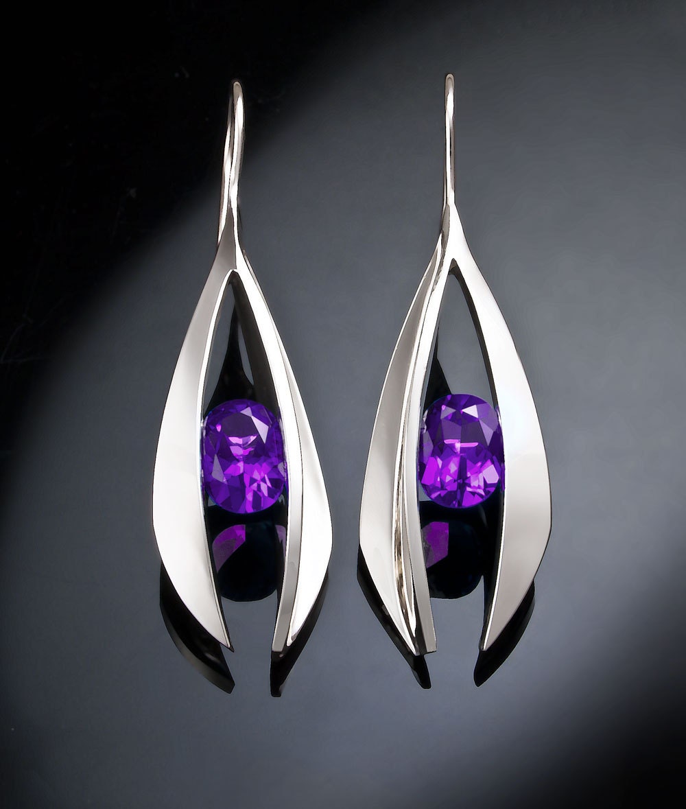 amethyst earrings - February birthstone - Argentium silver - purple earrings - gemstone jewelry - statement earrings - 2495