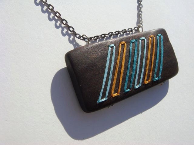 Embroidered Wood Chevron Necklace--Turquoise Marigold and Baby Blue