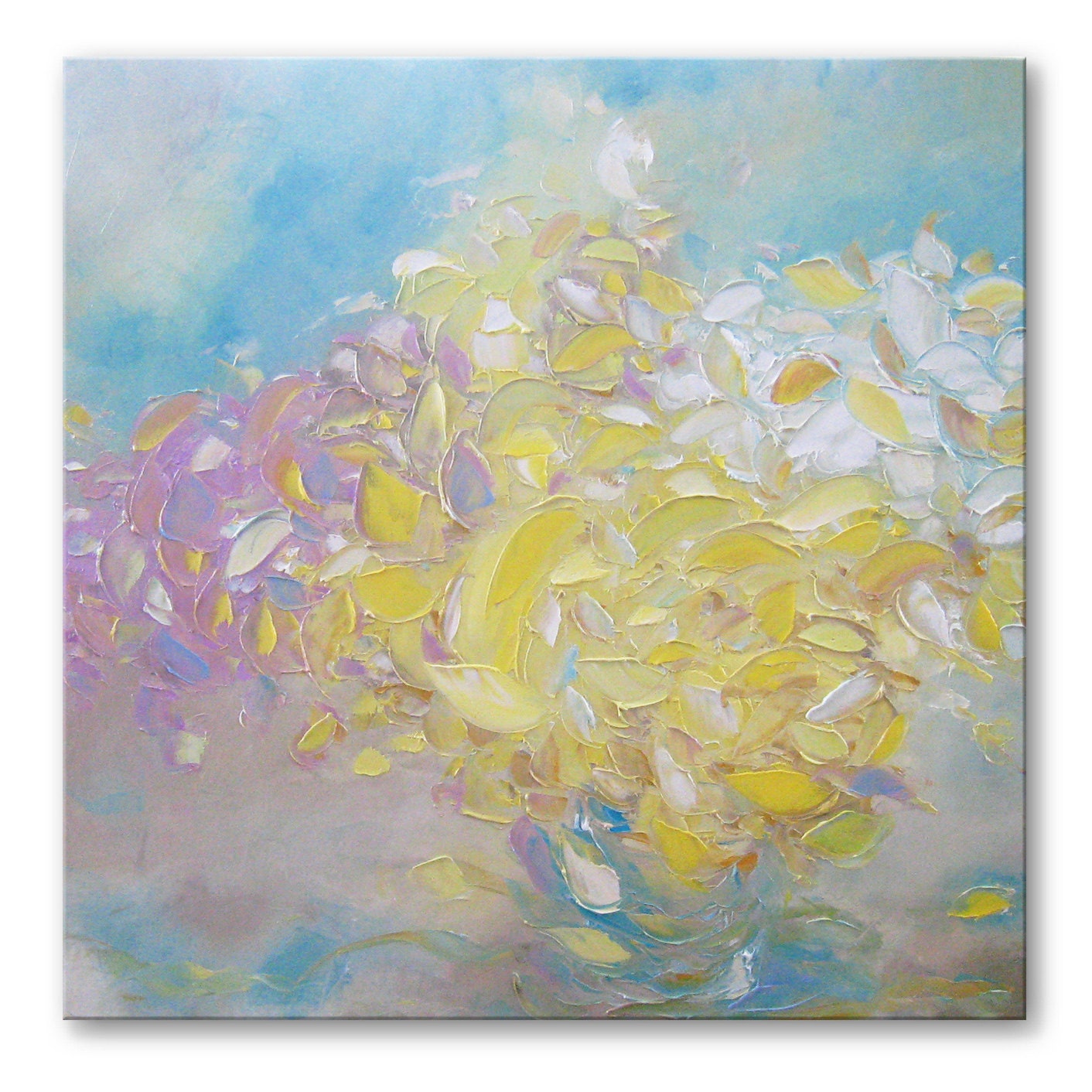 Bouquet of daffodils - Original Oil Painting on Canvas Palette Knife - by SOLOMOON - gallery fine art ready to hang 23x23 impasto