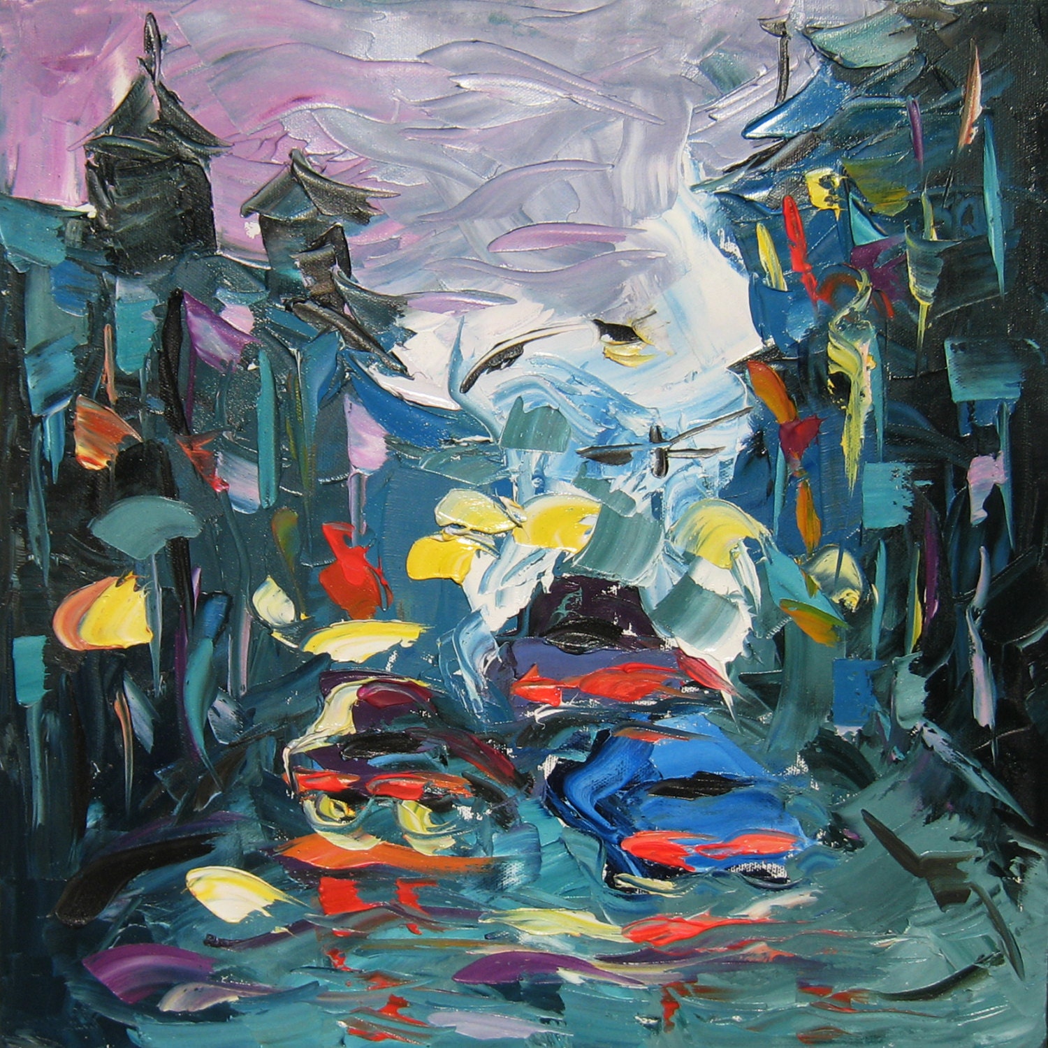 Rainy City FREE SHIPPING Original Oil Painting on Canvas Palette Knife - by SOLOMOON - fine art ready to hang 16x16 impasto