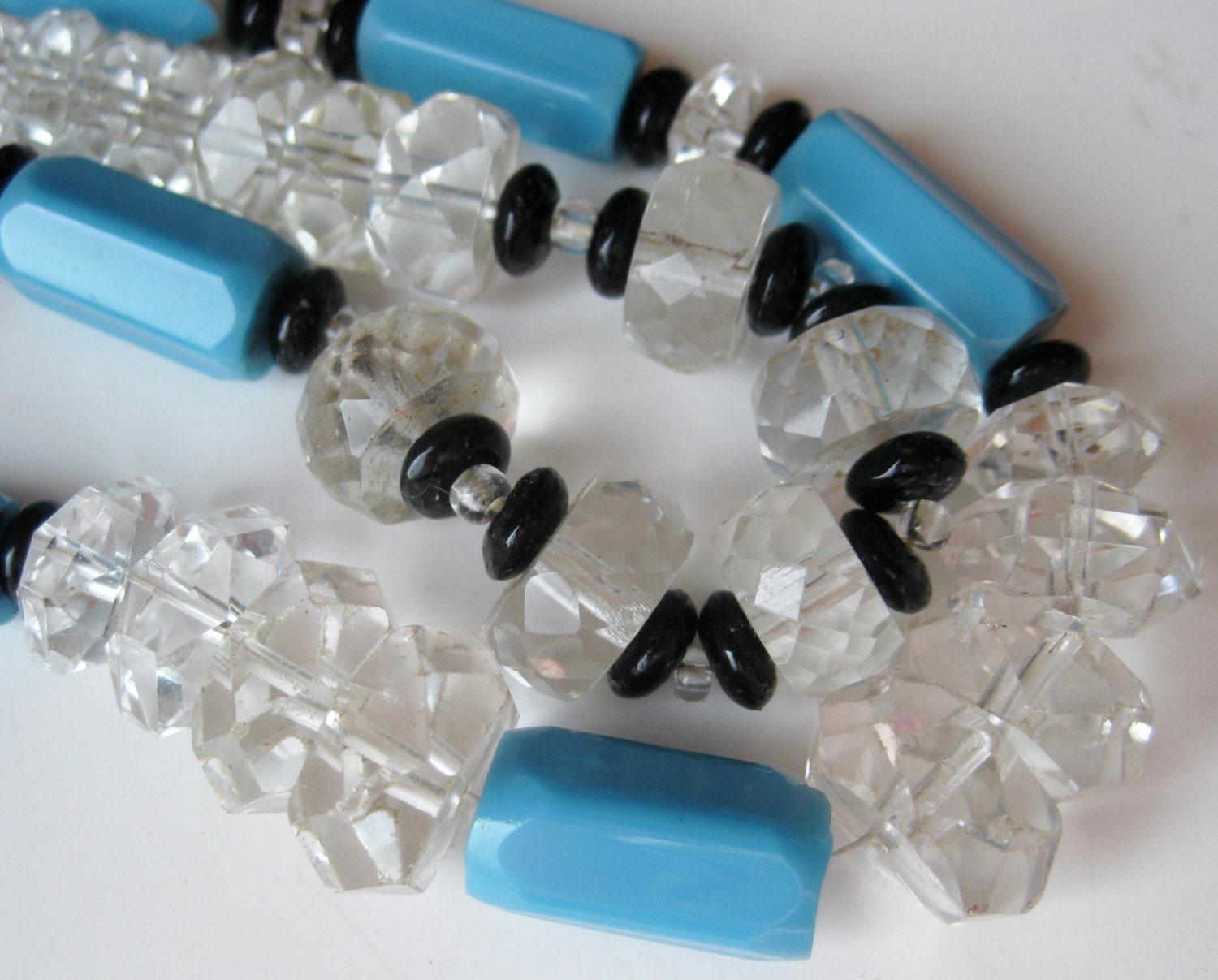 Vintage 20s Czech Glass Crystal Faceted Blue Clear & Black Glass Bead Art Deco Necklace