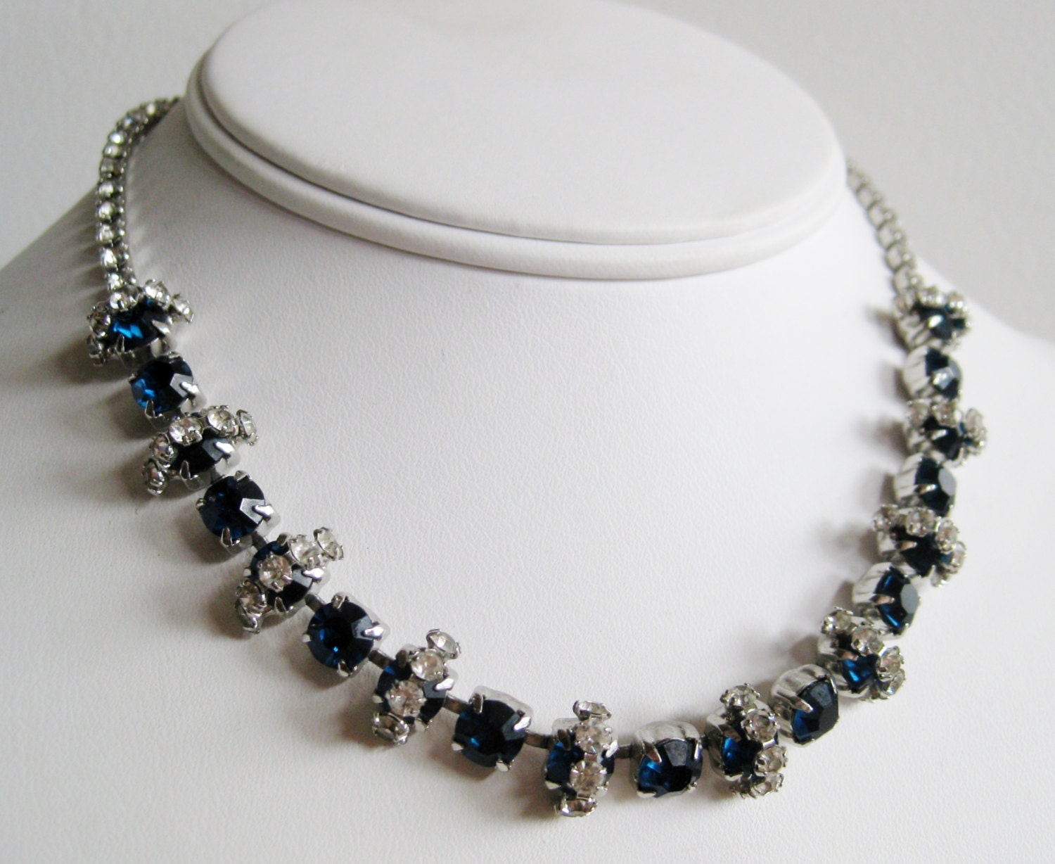 Vintage 50s Sapphire Blue Rhinestone Choker Glamour Girl Necklace
