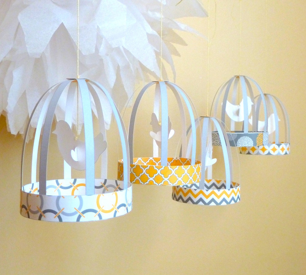Paper Bird Cage Printable Templates - 5 Yellow and Gray Decorations