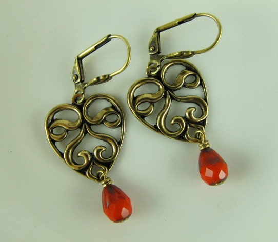 Heart Filigree Earrings,  Bright Red Glass Teardrop Dangle, Trinity Brass Filigree Heart and Leverback Earrings, Anitqued Gold