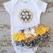 Gray And Yellow Ruffle Bottom Bloomers and Personalized Onesie