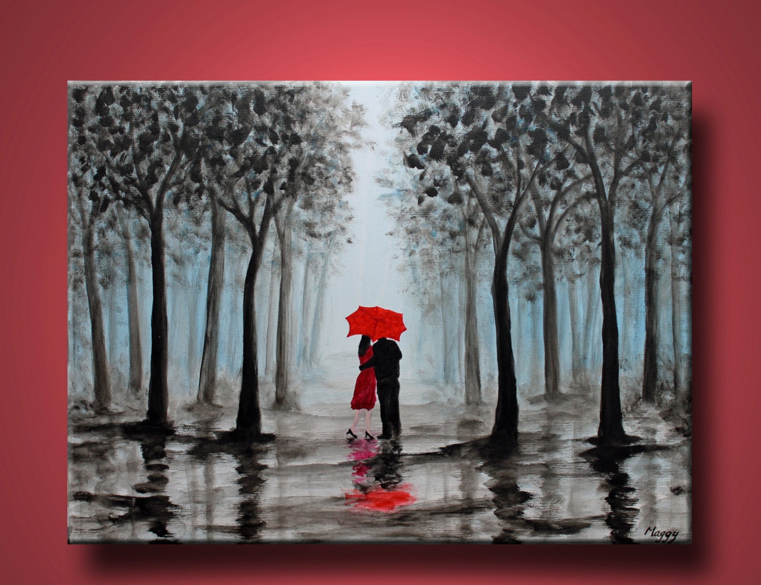 original abstract painting, kissing in rain, black white red,love couple,24x18 inch,on stretched canvas,great wedding gift