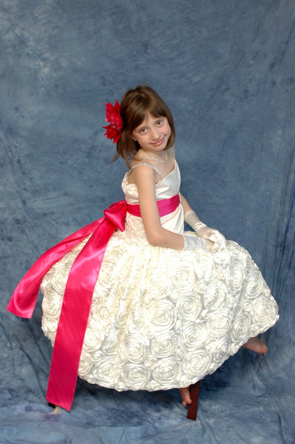 Rosette flower girl dress. Bridal gown for girls. Pick your color of the dress or sash. Party birthday or special occasion dress.
