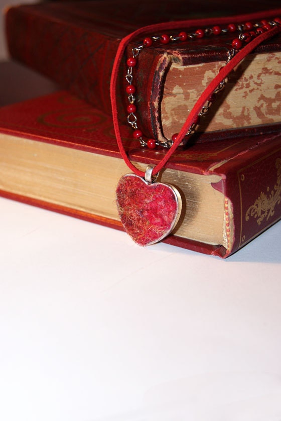 Red Heart Pendant Necklace Felted