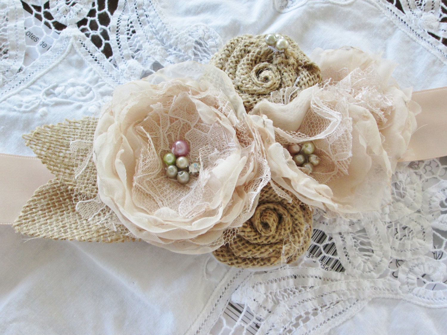Burlap and lace wedding ribbon bridal belt, champagne blush ribbon sash. Bridesmaid flower girl belt