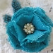 Burlap and feathers fabric flower hair clip or brooch pin in turquoise