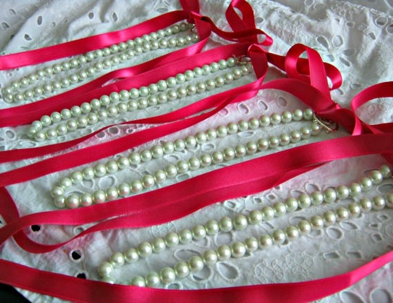 Bridesmaids Gifts Set of Four Pearl And Ribbon Necklaces With White Pearls And Strong Pink Satin Ribbon Bridesmaid Jewelry Bridesmaid gifts
