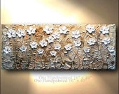 ORIGINAL 40x16 White Flower Abstract Painting  tan Floral Impasto Landscape Artwork Textured Modern Contemporary art by OTO