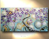 ORIGINAL Painting 24x48 Blue Purple Gray Abstract Art painting tree flower Large Modern Contemporary Painting by OTO