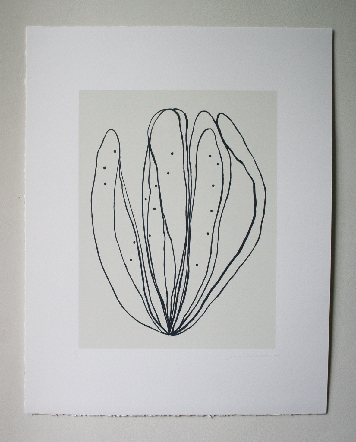 original screenprint of an ink drawing in dark grey and cream, large handmade art.