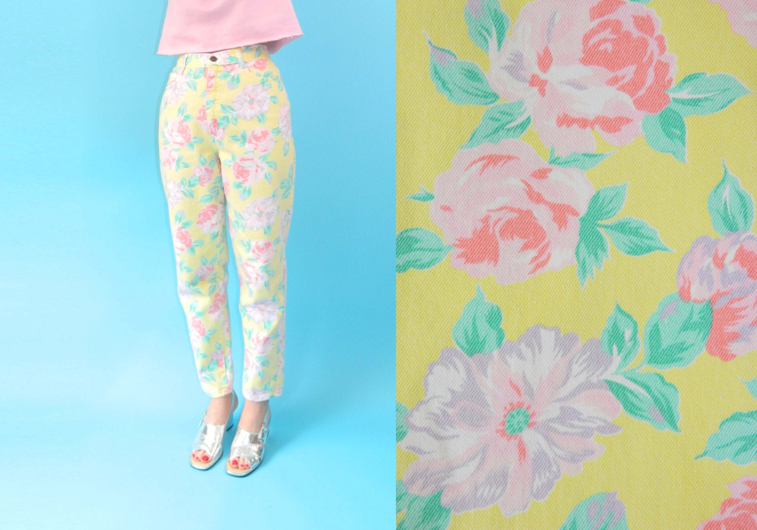 Vintage 1990s Pastel Floral Jeans Yellow Medium