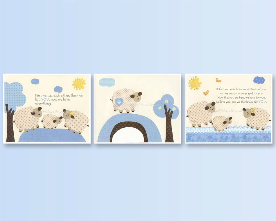 Nursery Print Art Decor Kids Print, nursery wall art print, set of 3 prints 8x10, light blue, cream, little lambie, sheep, pbk
