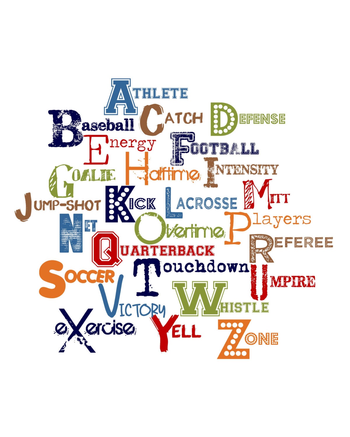 My Sports ABCs - 16x20"  Print - Muted Primary Colors without Border - Perfect for Boy's Room