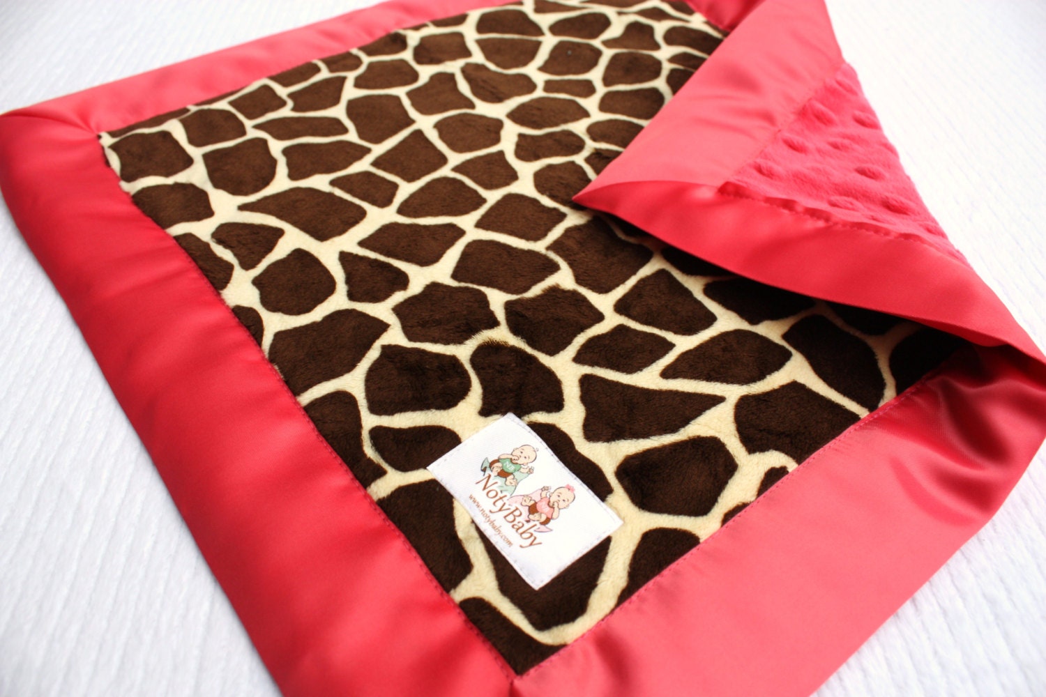 Minky Baby Security Blanket Lovey - Giraffe Print Minky with Watermelon Minky & Satin Trim -- READY TO SHIP