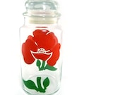 Poppy red glass canister, vintage apothecary jar with lid