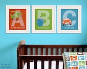 ABC transportation prints. Nursery artwork for boys. Playroom art cars, planes alphabet. Set of 3 - 16x20 prints by WallFry