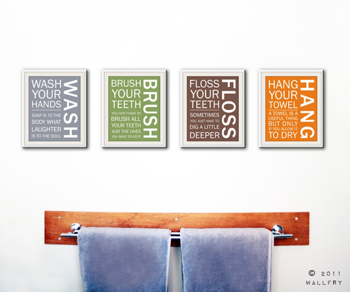 Kids bathroom art. Wash Brush Floss Flush. Typography. Pottery Barn Kids bathroom decor. Set of 4 8x10 prints by WallFry