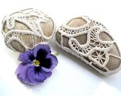 Crochet, lace stones - Nature  2 river pebble stones, covered with vintage white crochet lace, mintook hand made.