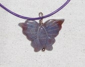 Purple blue Indian agate butterfly pendant on a purple leather cord semiprecious stone jewelry packaged in a colorful gift bag 848A