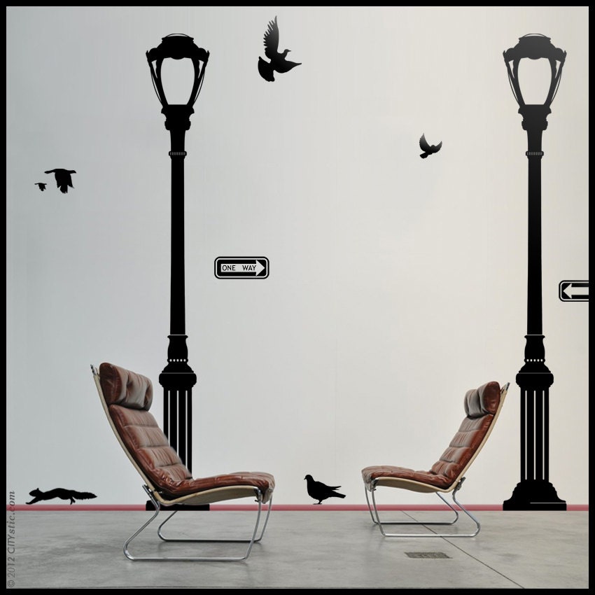 NYC : WALL DECAL - Set of 2 Large New York City Street Lamps, Classic, Central Park. Birds flying, squirrel, One Way signs