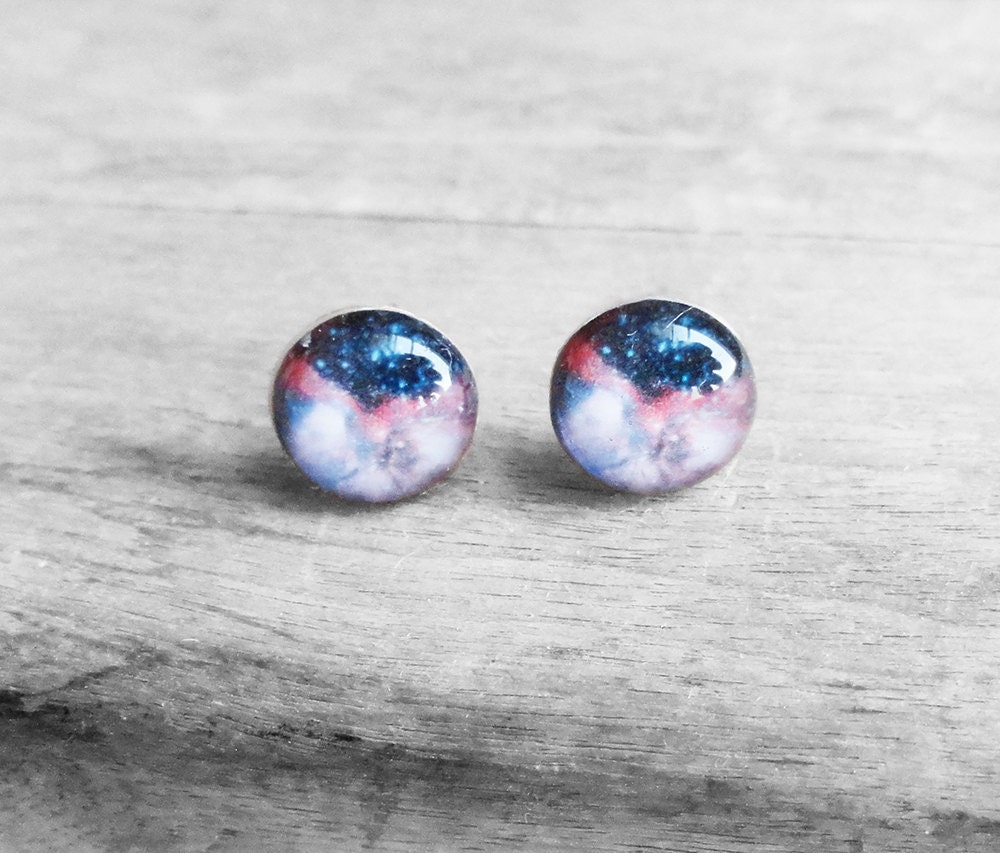 Happy Father's Day Sale - Handmade Resin Midnight Pink Cosmic Galaxy, Nebula, Gold Plated Stud Earrings (Get 12% OFF)