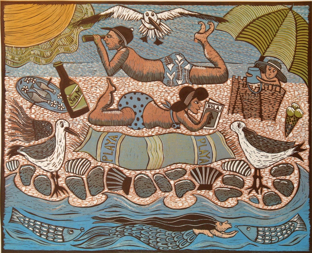 linocut,On the Beach, shells, gulls, mermaids and ocean, in blue and ochre colors on cream paper