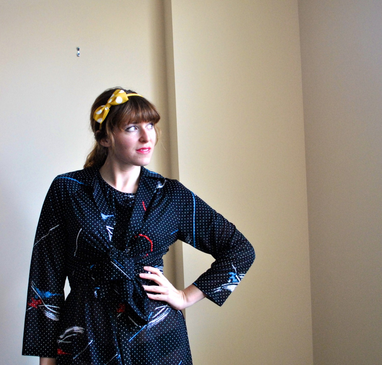 Splash of Color 70s Dress - Bright Polka Dot dress - Large Vintage Black Polka Dot Dress Set