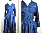 1950s Navy Nautical Swing Dress - Navy Blue with Polka Dots Full Skirt Small/ Medium Dress