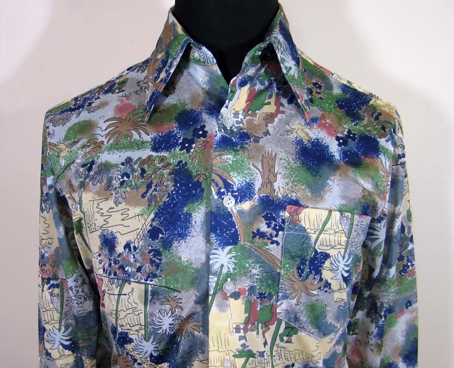 1970s mens shirt - JP2  nylon pop art tropical print, wing tip collar - Med