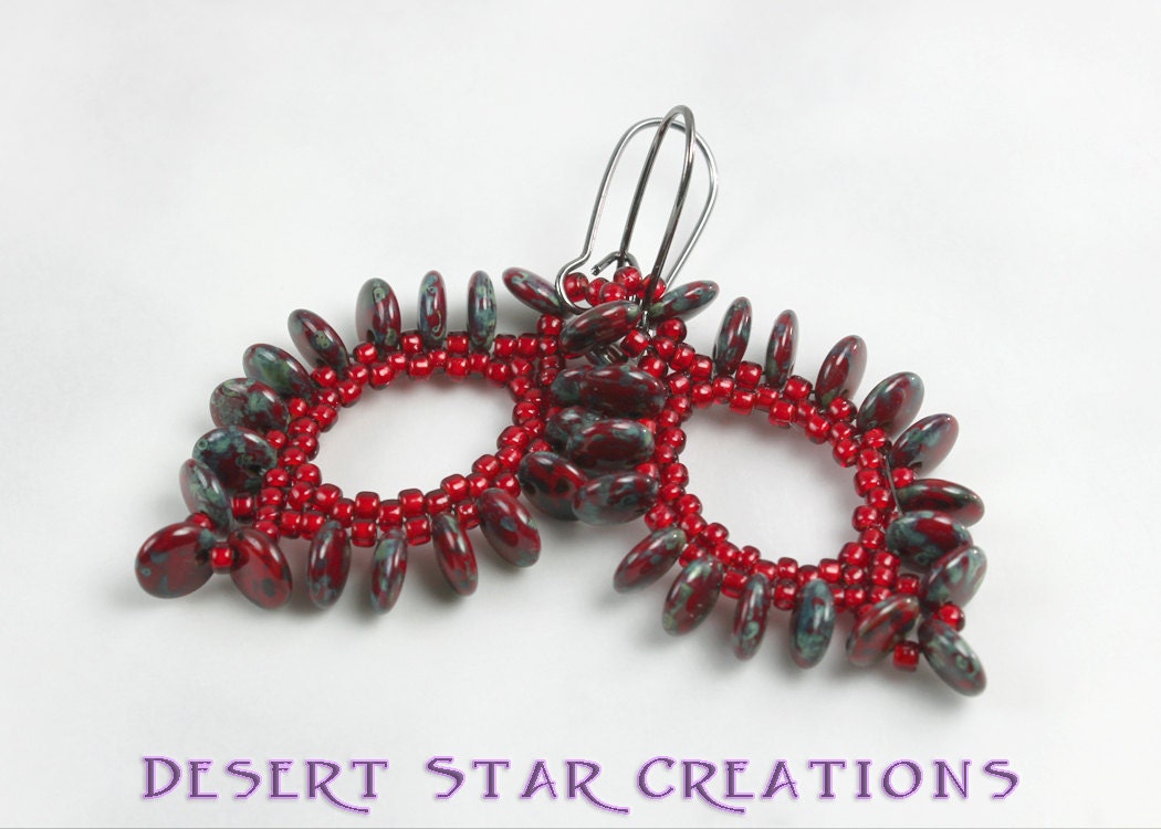 Paisley Beaded Drop Earrings Red Picasso and Blue Green Teardrops Color Choice