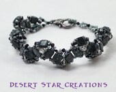 Black Marbled Wavy Beaded Bracelet, Stitched Tiles Beadweaving Bracelet, Seed Bead And Crystal Beadwork