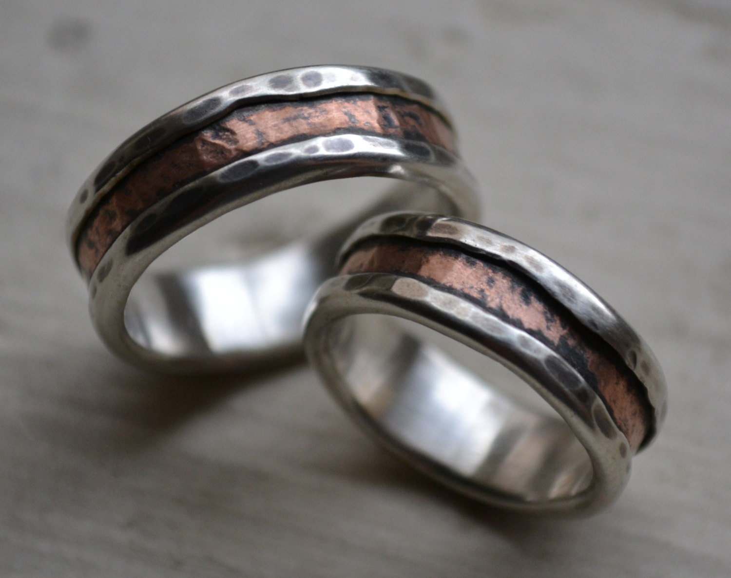 rustic silver and copper wedding ring set - handmade fine silver and copper wedding bands - rustic wedding bands - his and hers customized