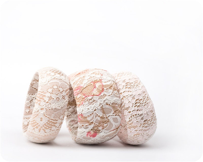 Ivory and Rose Lace bracelets. Lace Bangle Bracelet. Fashion Wedding bracelet. Average and Wide Wood bracelet