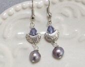 UU Chalice Earrings - Tanzanite Swarovski Crystal with Silver and Lilac Freshwater Pearls