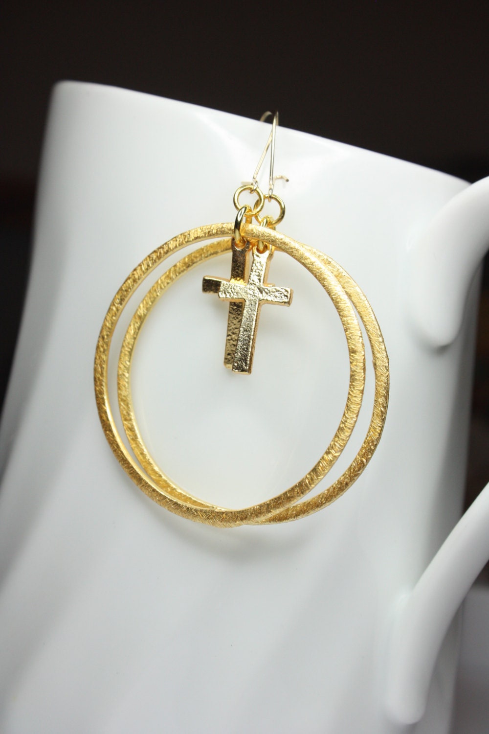 Gold Tone Cross Charm Hoop Earrings