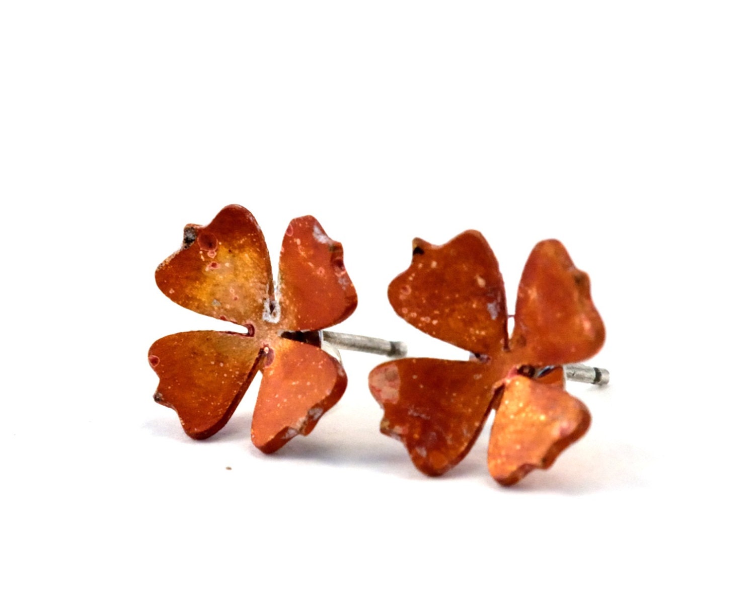 Copper Flower Earrings, Sterling Silver Ear Studs, Golden Accents