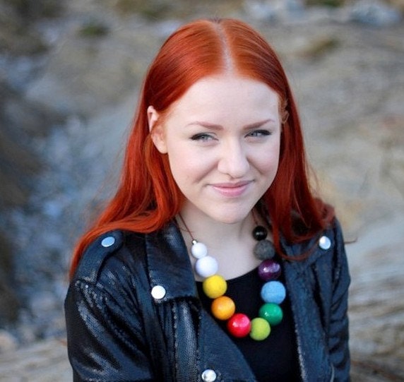 Felted  Necklace with Large Wooden Beads Rainbow Colorful Handmade Necklace Eco friendly Natural Jewelry