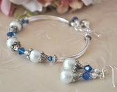 Elegant Pearl and Capri Blue Swarovksi Crystal Bracelet with Silver Curved Bars