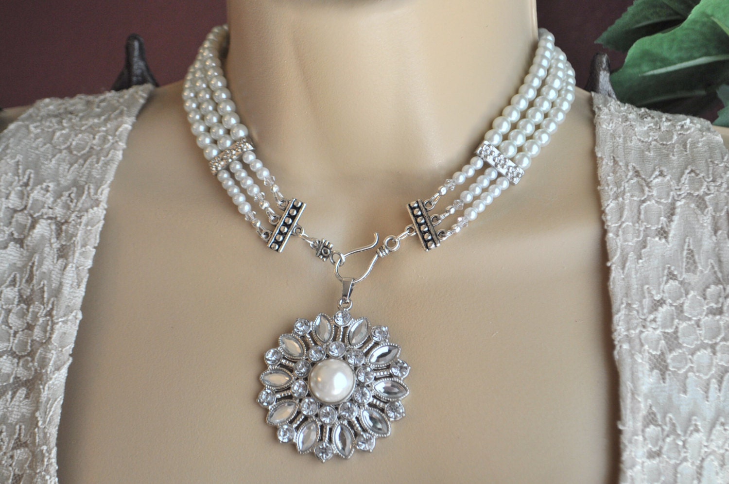 Elegant Triple Strand Glass Pearl and Silver Choker Pendant Necklace and Earring Set