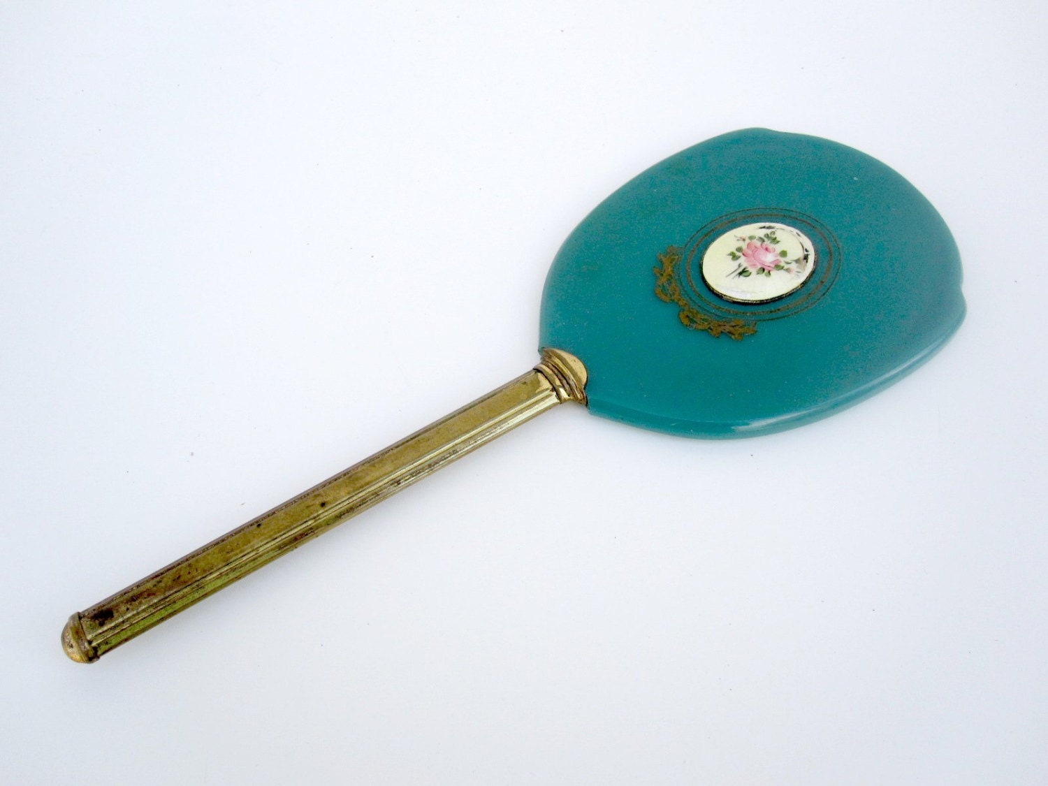 Hand Mirror - Teal Blue Vanity Mirror with White and Pink Rose Detail